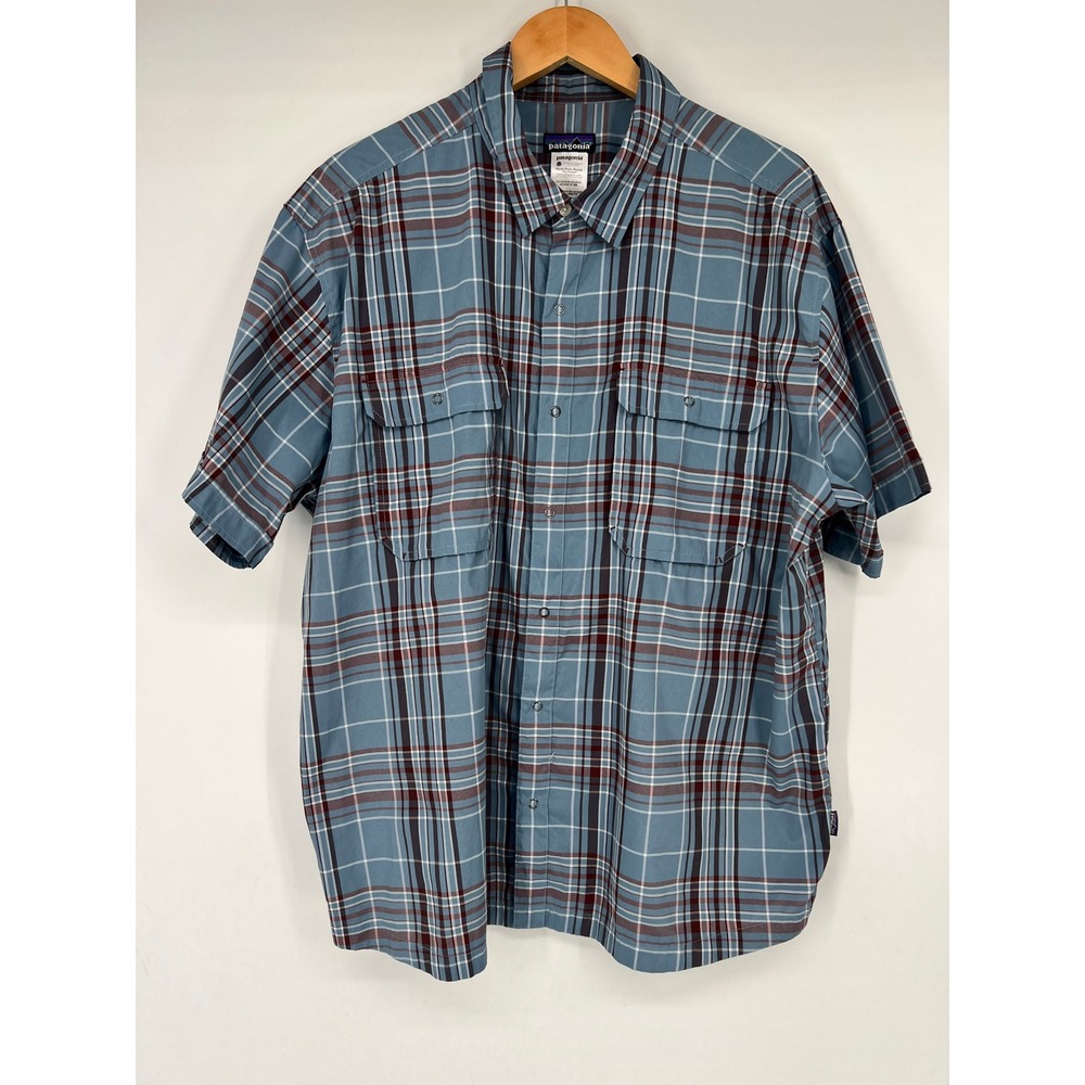 Patagonia Mens EL Ray XXL Blue Plaid Snap Front Short Sleeve Shirt